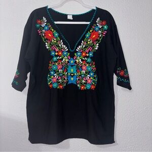 Embroidered Mexican Traditional Vneck Black Blouse 3/4 Sleeve Womens Size Large